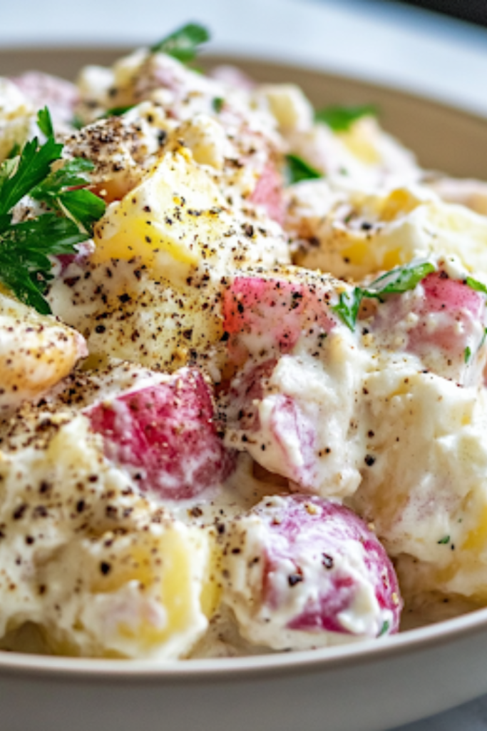 A close-up of a serving plate on a white marble cooktop, with the creamy red potato salad beautifully arranged. A light sprinkle of black pepper adds the finishing touch, making it ready to be enjoyed.