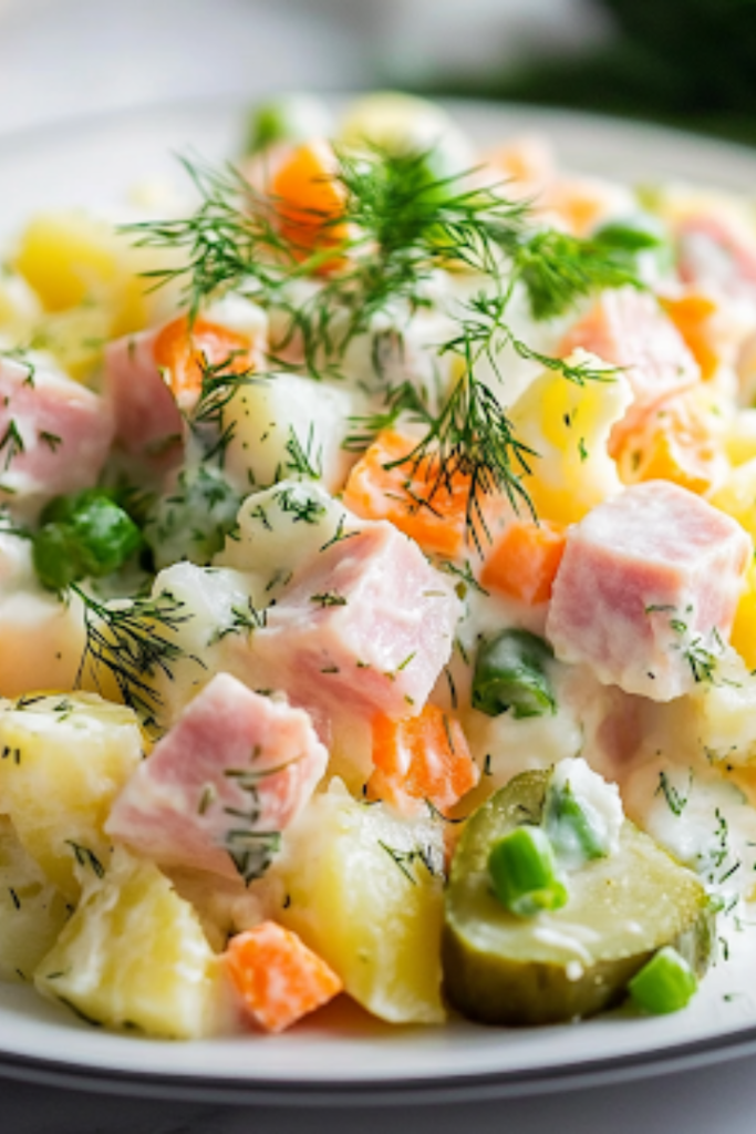 A close-up shot of a serving plate on the white marble cooktop, featuring the freshly prepared Olivye Ukrainian Potato Salad. The salad is beautifully plated with extra dill and green onions sprinkled on top for garnish, ready to be served and enjoyed.