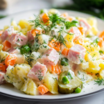 A close-up shot of a serving plate on the white marble cooktop, featuring the freshly prepared Olivye Ukrainian Potato Salad. The salad is beautifully plated with extra dill and green onions sprinkled on top for garnish, ready to be served and enjoyed.