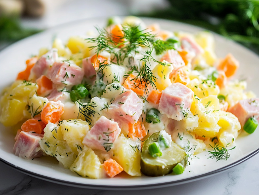 A close-up shot of a serving plate on the white marble cooktop, featuring the freshly prepared Olivye Ukrainian Potato Salad. The salad is beautifully plated with extra dill and green onions sprinkled on top for garnish, ready to be served and enjoyed.