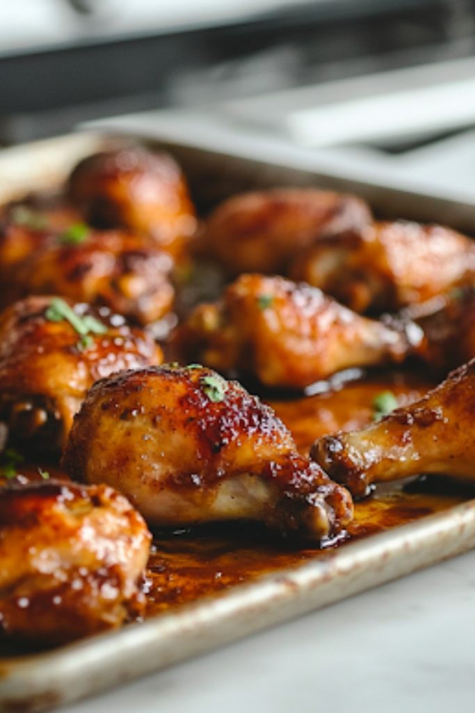 A close-up shot of the baking sheet on a white marble cooktop, where the golden-brown, caramelized chicken drumsticks rest after broiling. The glaze has thickened into a glossy, sticky coating, and steam rises, releasing an irresistible aroma of sweet and tangy citrus flavors.