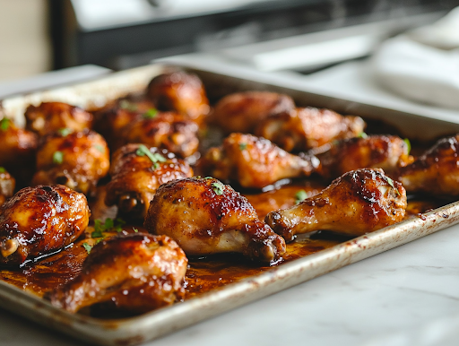 A close-up shot of the baking sheet on a white marble cooktop, where the golden-brown, caramelized chicken drumsticks rest after broiling. The glaze has thickened into a glossy, sticky coating, and steam rises, releasing an irresistible aroma of sweet and tangy citrus flavors.