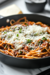 A close-up shot of the black skillet on a white marble cooktop, where shredded Parmesan cheese is generously sprinkled over the pasta. The heat melts the cheese into the sauce, creating a rich and creamy finish