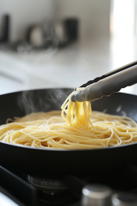 A close-up shot of the black skillet on a white marble cooktop, where cooked spaghetti is being added to the Alfredo sauce. A pair of tongs lifts and tosses the pasta, ensuring each strand is coated evenly in the luscious, creamy sauce