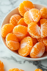 A close-up shot of mandarin oranges being peeled and separated over a white marble cooktop. The bright orange, juicy segments are gently placed into the mixing bowl, adding a refreshing citrus burst to the fruit salad.