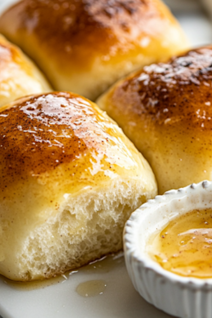 A close-up of freshly baked golden-brown honey butter rolls on a white marble cooktop, glistening as they are brushed with melted butter. A small dish of cinnamon honey butter sits beside them, ready to be spread on the warm, fluffy rolls.