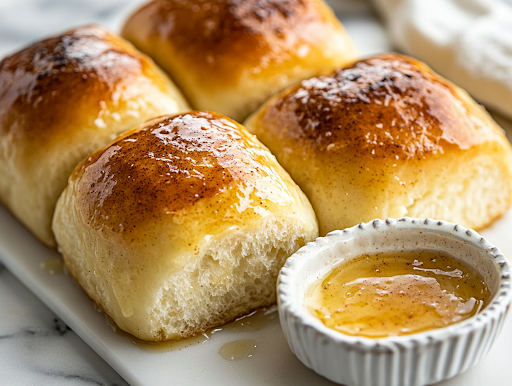 A close-up of freshly baked golden-brown honey butter rolls on a white marble cooktop, glistening as they are brushed with melted butter. A small dish of cinnamon honey butter sits beside them, ready to be spread on the warm, fluffy rolls.