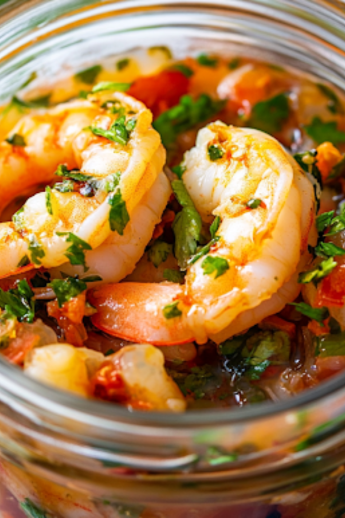 A chilled glass jar on the white marble cooktop, freshly taken from the fridge. A spoon lifts marinated shrimp from the jar, glistening with infused oil and seasonings, ready to be served.