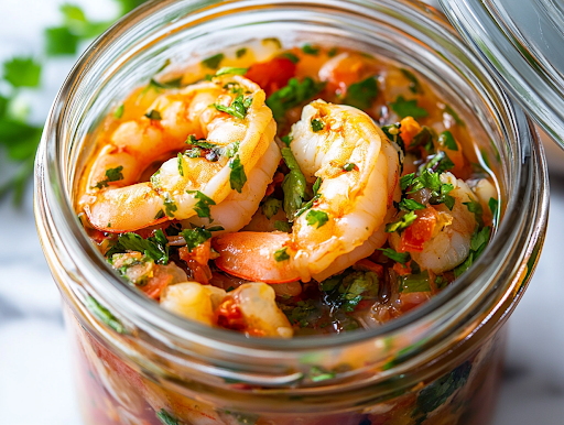 A chilled glass jar on the white marble cooktop, freshly taken from the fridge. A spoon lifts marinated shrimp from the jar, glistening with infused oil and seasonings, ready to be served.