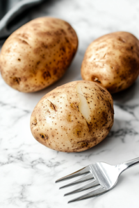 A close-up shot of four large baking potatoes on a white marble cooktop, freshly scrubbed and patted dry. A fork is piercing small holes across each potato, allowing steam to escape during cooking.