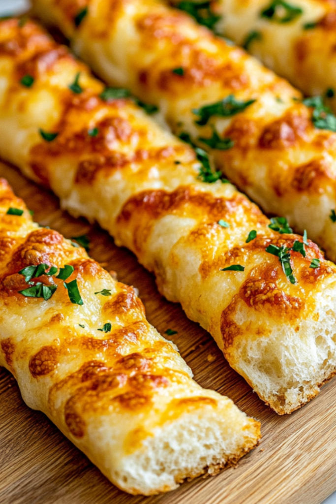 A close-up shot of warm, cheesy breadsticks cut into 8 pieces on a wooden board over the white marble cooktop. A small bowl of marinara sauce sits beside them for dipping, with a bite taken out of one breadstick.