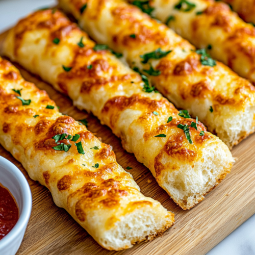 A close-up shot of warm, cheesy breadsticks cut into 8 pieces on a wooden board over the white marble cooktop. A small bowl of marinara sauce sits beside them for dipping, with a bite taken out of one breadstick.