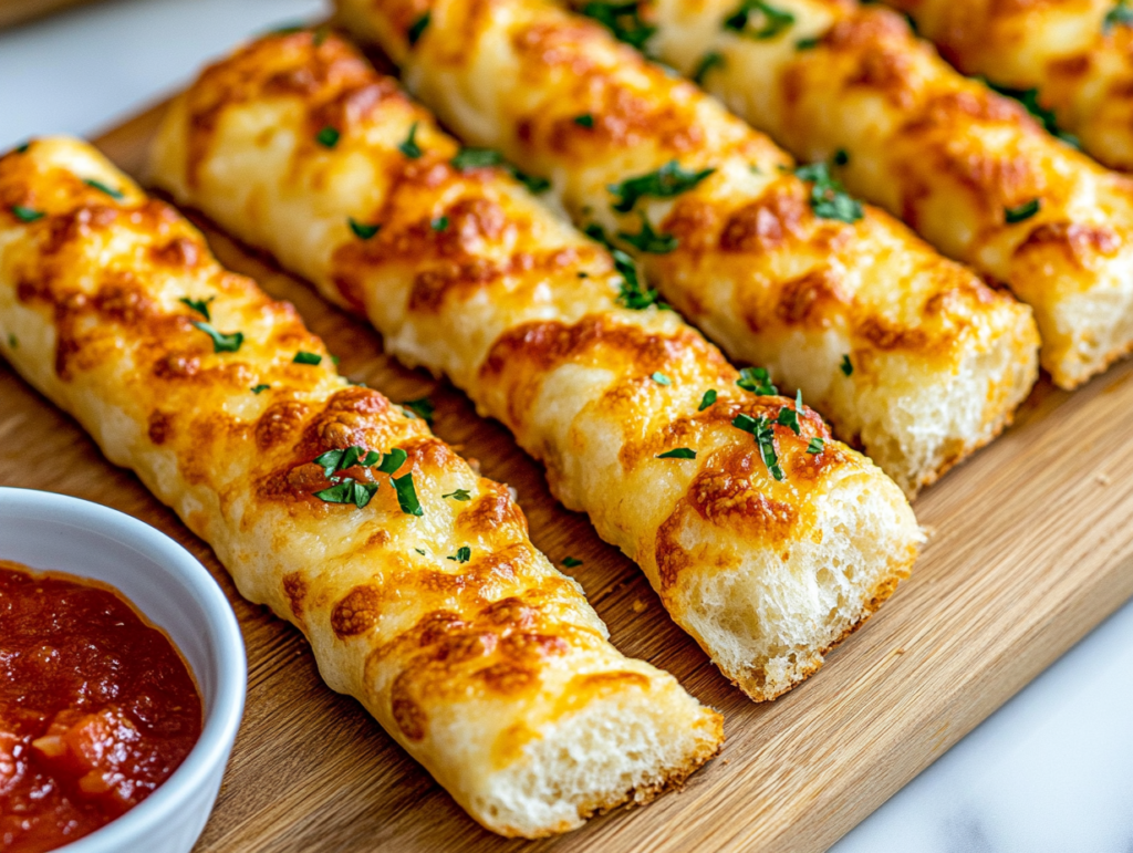 A close-up shot of warm, cheesy breadsticks cut into 8 pieces on a wooden board over the white marble cooktop. A small bowl of marinara sauce sits beside them for dipping, with a bite taken out of one breadstick.