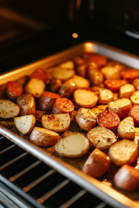 A close-up of a preheated oven set to 400°F (200°C), as the parchment-lined baking sheet is carefully placed on the center rack. The potatoes and kielbasa begin roasting, filling the kitchen with a warm aroma.