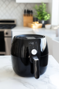 A close-up shot of the air fryer basket on the white marble cooktop, with perfectly seasoned potatoes neatly arranged inside. They are spaced apart to ensure even cooking, allowing hot air to circulate around each potato for a crispy skin.