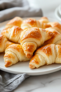 A serving plate on the white marble cooktop showcases the warm, cheesy, golden-brown crescent rolls, ready to be enjoyed with their flaky, buttery layers.