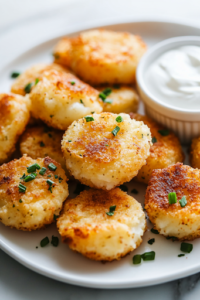 A close-up of a serving plate on a white marble cooktop, with crispy, golden cheesy mashed potato bites neatly stacked. A small dish of sour cream sits beside them, perfect for dipping and enjoying.