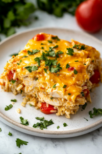 A close-up shot of a serving plate on a white marble cooktop, featuring a warm slice of Chicken Fajita Rice Casserole garnished with fresh herbs, ready to be enjoyed with a favorite side dish.