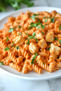 A close-up shot of a serving plate on the white marble cooktop, showcasing a generous portion of Chicken Pasta with Creamy Ranch Sauce. The dish is garnished with fresh chopped parsley, adding a pop of color to the warm, creamy, and savory pasta, ready to be enjoyed.