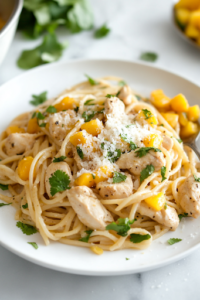 A serving plate on a white marble cooktop presents the rich and creamy Chicken Tikka Alfredo, garnished with freshly grated Parmesan and chopped cilantro. A spoonful of mango chutney sits on the side, adding a sweet contrast to the dish.