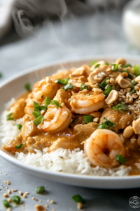 A close-up shot of a steaming plate of Coconut Curry Chicken and Shrimp, served over fluffy white rice. The dish is garnished with toasted coconut, chopped peanuts, green onions, and a sprinkle of sesame seeds, ready to be enjoyed.