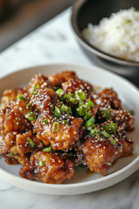 A white serving dish on a white marble cooktop with crispy honey sesame chicken, garnished with toasted sesame seeds and freshly chopped spring onions. A bowl of fluffy steamed rice sits beside the dish, completing the meal.