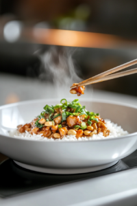 Final plated dish: a bowl of Kung Pao Chicken, garnished with roasted peanuts and fresh scallions, served over a bed of steamed white rice. A pair of chopsticks lifts a perfectly saucy bite