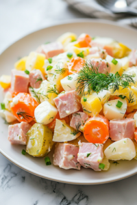 A close-up shot of a serving plate on the white marble cooktop, featuring the freshly prepared Olivye Ukrainian Potato Salad. The salad is beautifully plated with extra dill and green onions sprinkled on top for garnish, ready to be served and enjoyed.