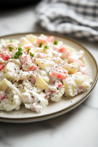 A close-up of a serving plate on a white marble cooktop, with the creamy red potato salad beautifully arranged. A light sprinkle of black pepper adds the finishing touch, making it ready to be enjoyed.