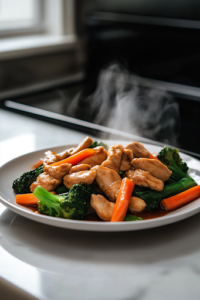 A close-up shot of a steaming plate of stir-fried chicken and vegetables, freshly served on a white ceramic plate over the white marble cooktop. The vibrant vegetables and golden chicken glisten in a light, flavorful sauce, ready to be enjoyed.