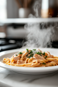 A close-up shot of a steaming plate of Tequila Lime Chicken Fettuccine, freshly served on a white ceramic plate over the white marble cooktop. The creamy pasta is garnished with extra cilantro, adding a fresh and vibrant touch, ready to be enjoyed.