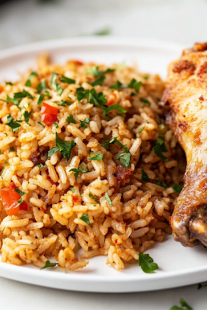 A close-up shot of a serving of Creole Dirty Rice on a white plate, placed on the white marble cooktop. A crispy Southern Fried Chicken drumstick rests beside it, garnished with fresh herbs, ready to be enjoyed.