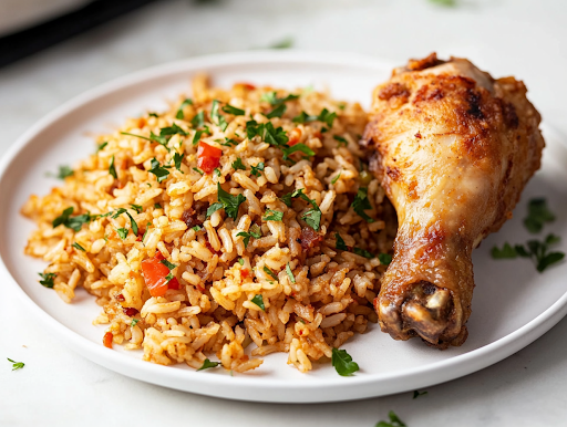 A close-up shot of a serving of Creole Dirty Rice on a white plate, placed on the white marble cooktop. A crispy Southern Fried Chicken drumstick rests beside it, garnished with fresh herbs, ready to be enjoyed.