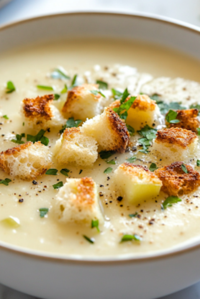 A close-up shot of a bowl of creamy potato leek soup on a white marble cooktop, garnished with fresh herbs and crispy croutons. Steam gently rises from the bowl, making it ready to be enjoyed.