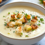 A close-up shot of a bowl of creamy potato leek soup on a white marble cooktop, garnished with fresh herbs and crispy croutons. Steam gently rises from the bowl, making it ready to be enjoyed.