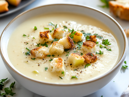 A close-up shot of a bowl of creamy potato leek soup on a white marble cooktop, garnished with fresh herbs and crispy croutons. Steam gently rises from the bowl, making it ready to be enjoyed.