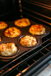 A close-up of a muffin tin inside the oven, with golden brown potato bites baking. The edges are crisping up beautifully, while the warm glow of the oven light enhances the cozy, inviting atmosphere.