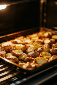 A mid-range shot of an oven rack holding the baking sheet of potatoes inside. The potatoes begin to turn golden brown as they roast at 425°F (220°C), while the oven light casts a warm glow, highlighting their crisping edges.