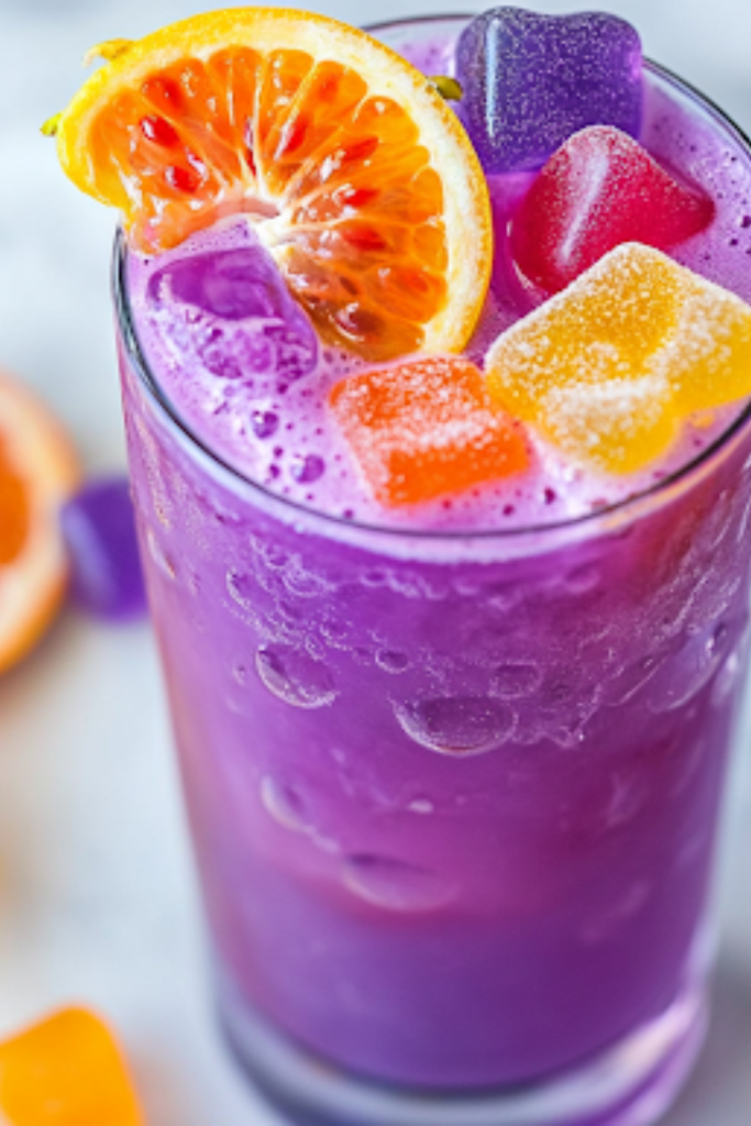 A close-up shot of the finished Potion Punch in a tall glass on the white marble cooktop, garnished with colorful fruit slices and gummy candies. The fizzy, deep purple drink sparkles under the light, looking playful, refreshing, and magical, ready to be enjoyed.