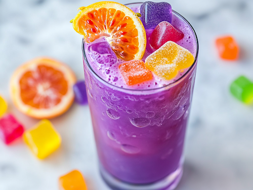 A close-up shot of the finished Potion Punch in a tall glass on the white marble cooktop, garnished with colorful fruit slices and gummy candies. The fizzy, deep purple drink sparkles under the light, looking playful, refreshing, and magical, ready to be enjoyed.