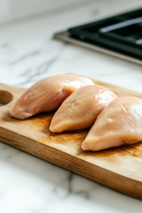 A close-up shot of two boneless, skinless chicken breasts placed on a wooden cutting board over a white marble cooktop, being pounded with a meat mallet to achieve an even ¼-inch thickness, preparing them for stuffing.