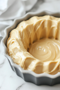 A close-up shot of a greased Bundt pan on the white marble cooktop, as smooth, pale yellow cake batter is being poured in. The batter fills the ridges of the pan evenly, ensuring a perfectly shaped pound cake.