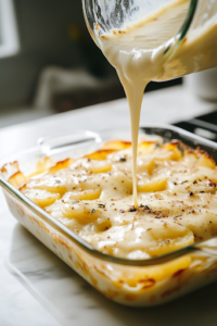 A close-up shot of the glass baking dish on the white marble cooktop, as the thick, rich cheese sauce is poured evenly over the layered potatoes and onions. A hand carefully holds the saucepan, ensuring every layer is generously coated for maximum creaminess.