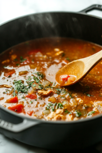 Warm chicken broth is being slowly poured into the black pot on the white marble cooktop. A wooden spoon stirs the rich gumbo base, ensuring the liquid blends smoothly with the sausage, chicken, and aromatics, deepening the dish's flavors.