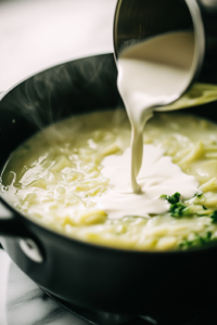 A close-up shot of a measuring cup pouring heavy cream into the black pot on a white marble cooktop. As the cream is stirred in, the soup lightens in color and takes on a velvety, smooth texture.