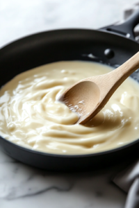 A black skillet on a white marble cooktop, where a smooth cornstarch and milk mixture is being poured in. The liquid swirls and bubbles slightly as a wooden spoon stirs, thickening into a creamy sauce.
