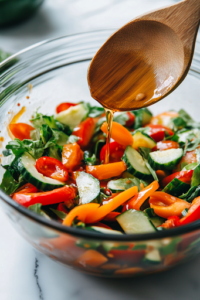 A close-up view of a large glass mixing bowl on a white marble cooktop as the prepared dressing is being poured over the sliced cucumbers, onions, and bell peppers. A wooden spoon is mid-motion, mixing everything together for an even coating.