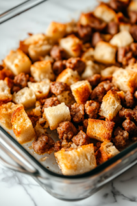 A close-up shot of the egg mixture being poured from the mixing bowl over the layers of sausage and toasted bread in the glass baking dish on the white marble cooktop. The liquid soaks into the bread, ensuring a rich, custardy texture throughout the casserole.