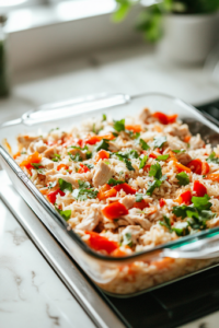 A close-up shot of a glass baking dish on a white marble cooktop, as the well-mixed Chicken Fajita Rice Casserole ingredients are being poured and evenly spread into the dish, ensuring a consistent bake.