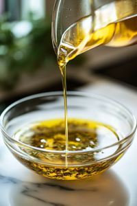 A glass mixing bowl on the white marble cooktop with a steady stream of extra-virgin olive oil being poured into the lemon-herb mixture. The golden oil glistens as it blends with the seasonings.
